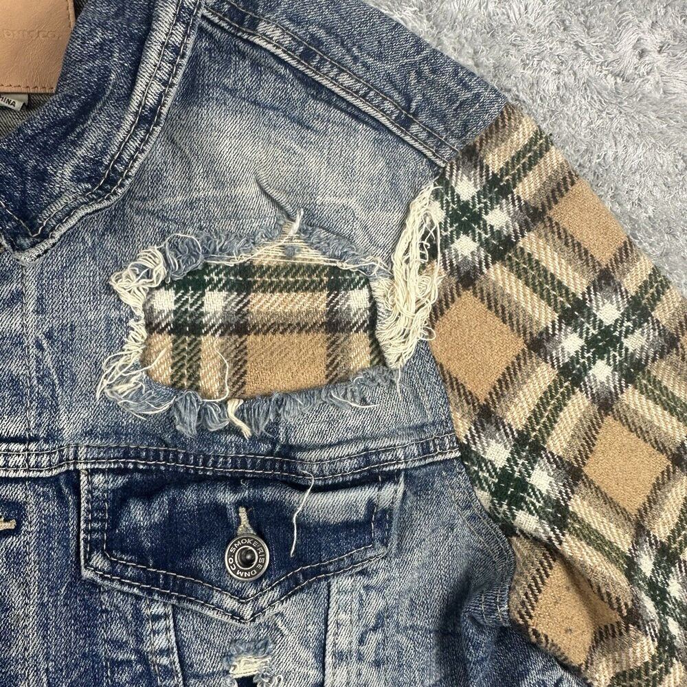 Vtg Smoke Rise Jacket Men Medium Denim Jean Flannel Grunge Distressed Y2K - Picture 5 of 7